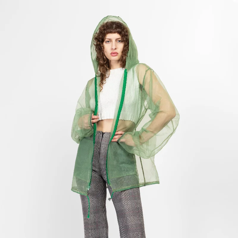 Med-XL 80s Sheer Green Mesh Hooded Jacket Tiered Jacket Buttoned Jacket Zippered Jacket