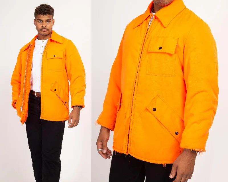 Medium 70s Neon Orange Quilt Lined Hunting Jacket Snapped Jacket Toggled Jacket Drawstring Jacket