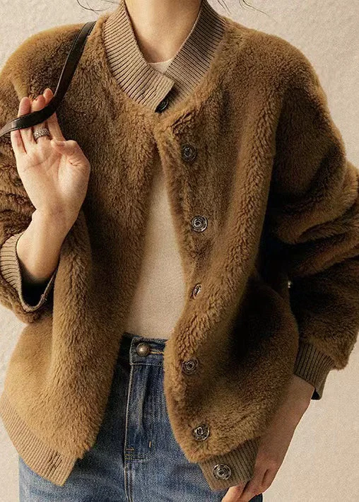 New Brown Stand Collar Pockets Patchwork Wool Jacket Winter Zippered Jacket Buttoned Jacket Snapped Jacket