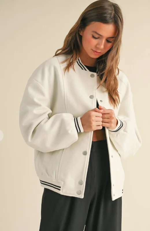 Oversized White Varsity Jacket Fleece Fabric Down Fabric Feather Fabric