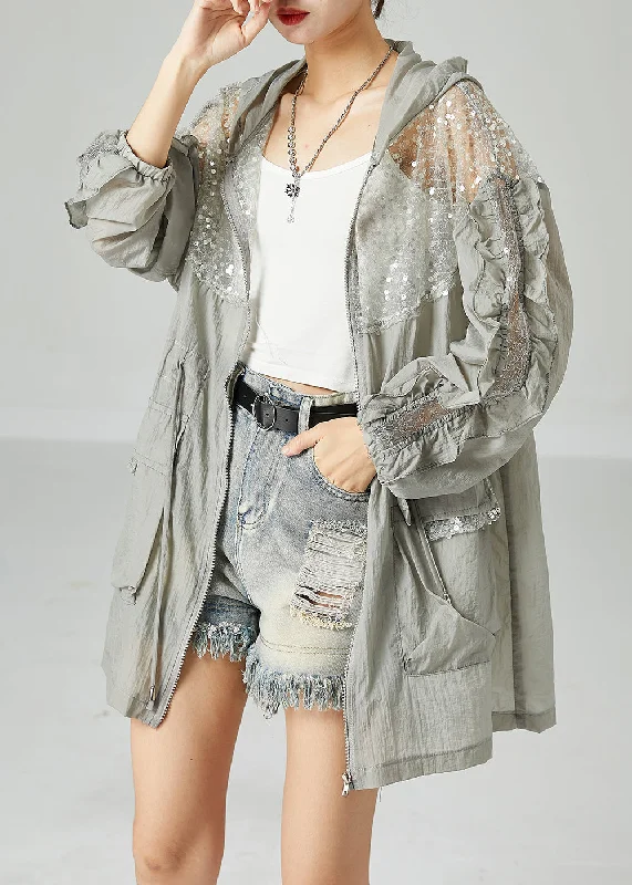 Plus Size Grey Hooded Sequins Patchwork Drawstring UPF 50+ Coat Jacket Summer Denim Fabric Leather Fabric Suede Fabric