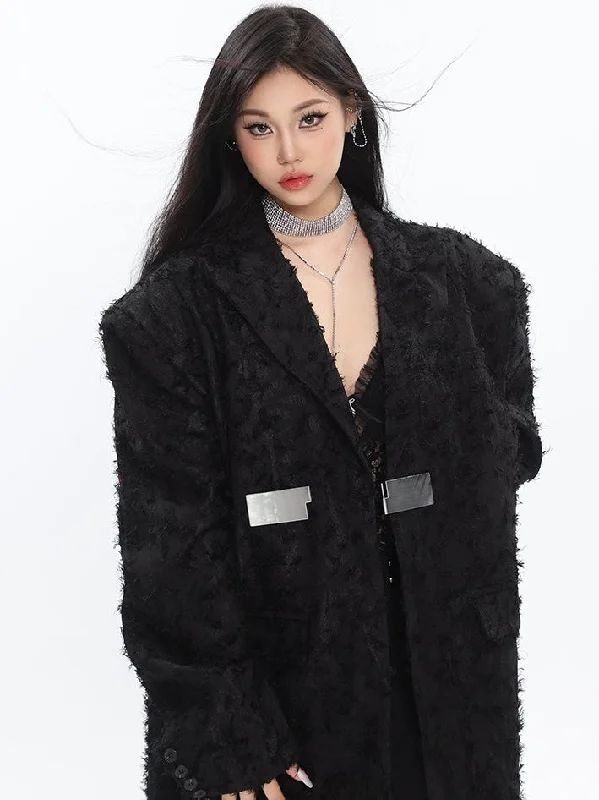 Riley Solid Color Black Metal Buckle Mid-length Blazer Long Sleeve Blazer Jacket Fleece Jacket Down Jacket Parka