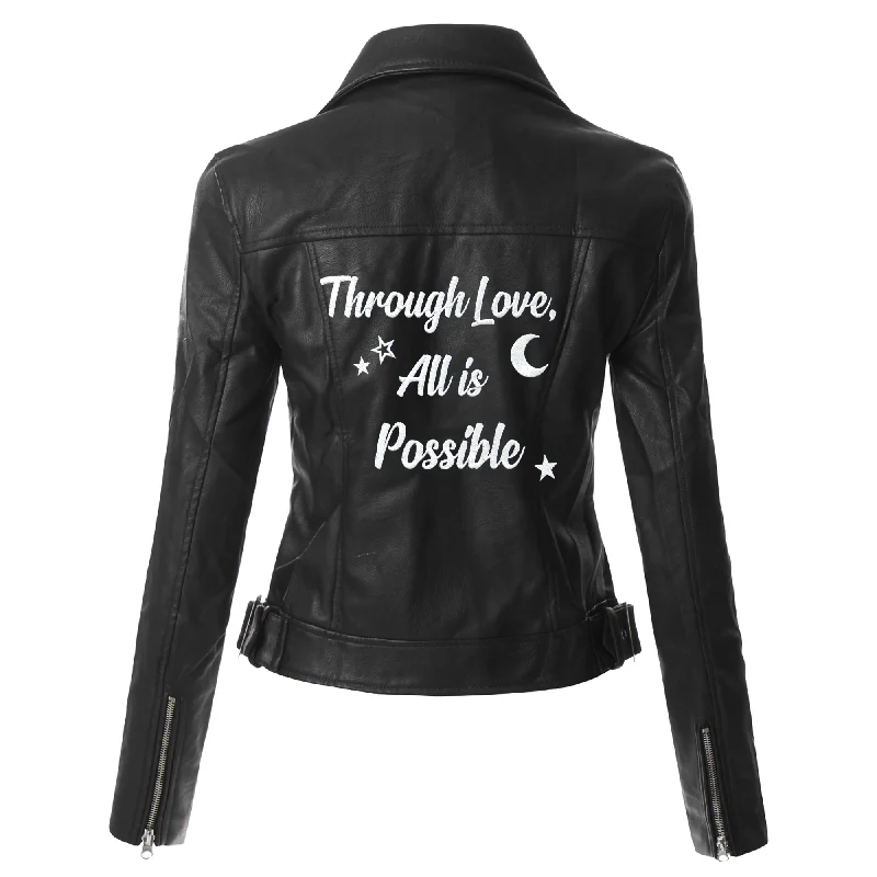 Through Love, All is Possible Womens Faux Leather Jacket Denim Fabric Leather Fabric Suede Fabric