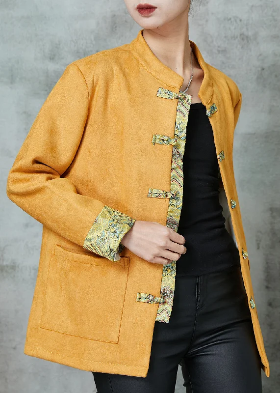 Unique Yellow Pockets Faux Suede Chinese Style Jackets Spring Plaid Jacket Tartan Jacket Houndstooth Jacket