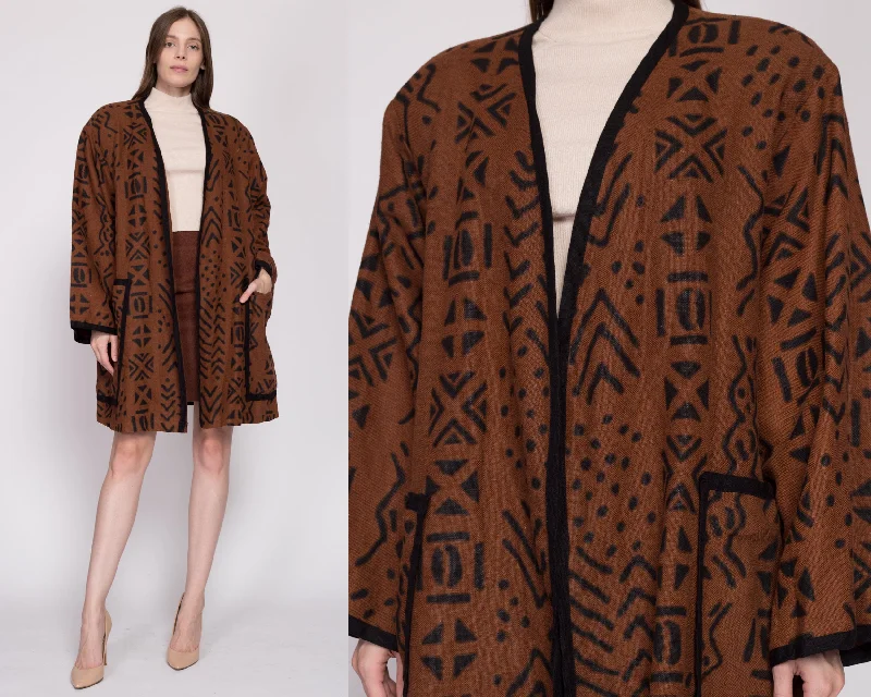 80s Boho Brown Linen Open Fit Jacket - One Size Embroidered Jacket Appliqued Jacket Beaded Jacket