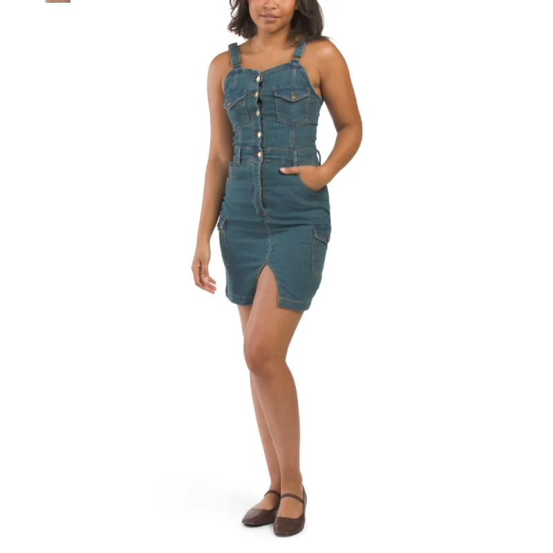 BEBE Women's Sleeveless Button Front Denim Mini Dress Classic Solid Mini Dress