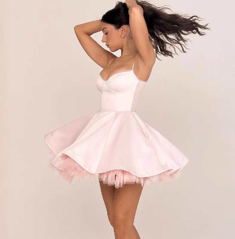 Satin Tulle Frill Charming Strap Mini Dress Trendy Cut-Out Mini Dress