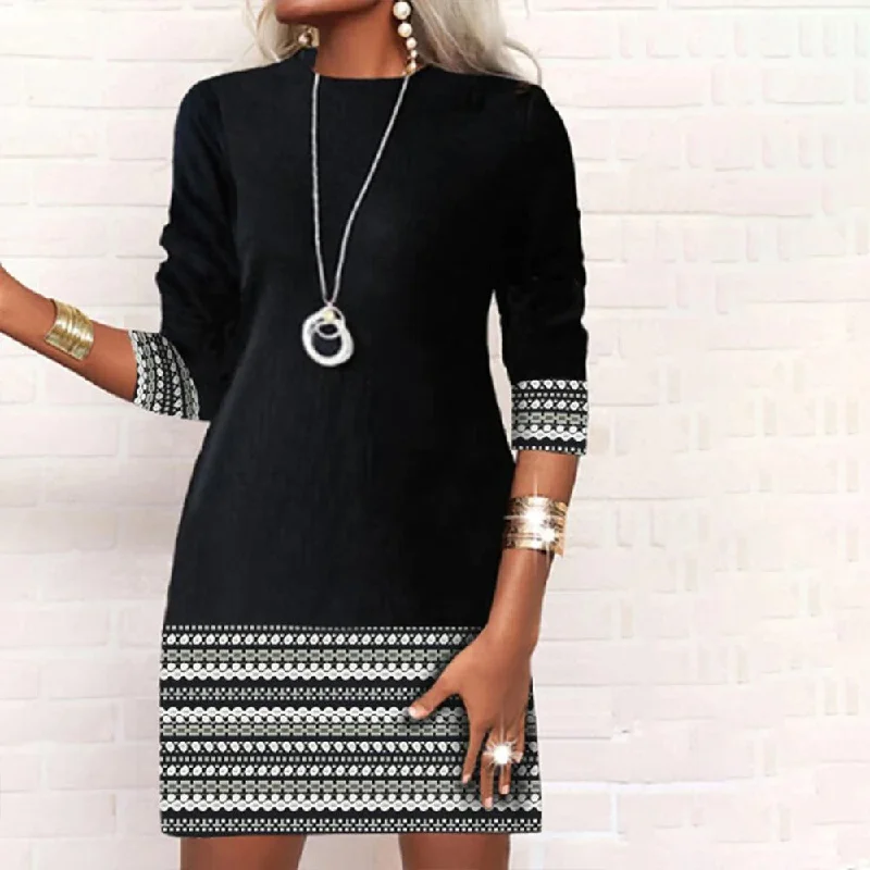 Black and White Aztec Print Trim Long Sleeve Mini Dress Casual Button-Up Mini Dress