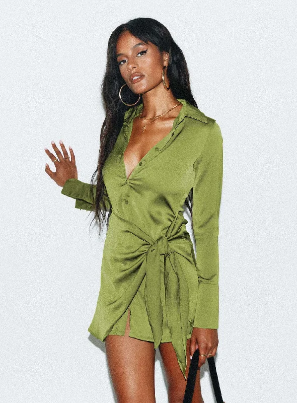 Bodeni Long Sleeve Mini Dress Green Trendy Crossover Mini Dress