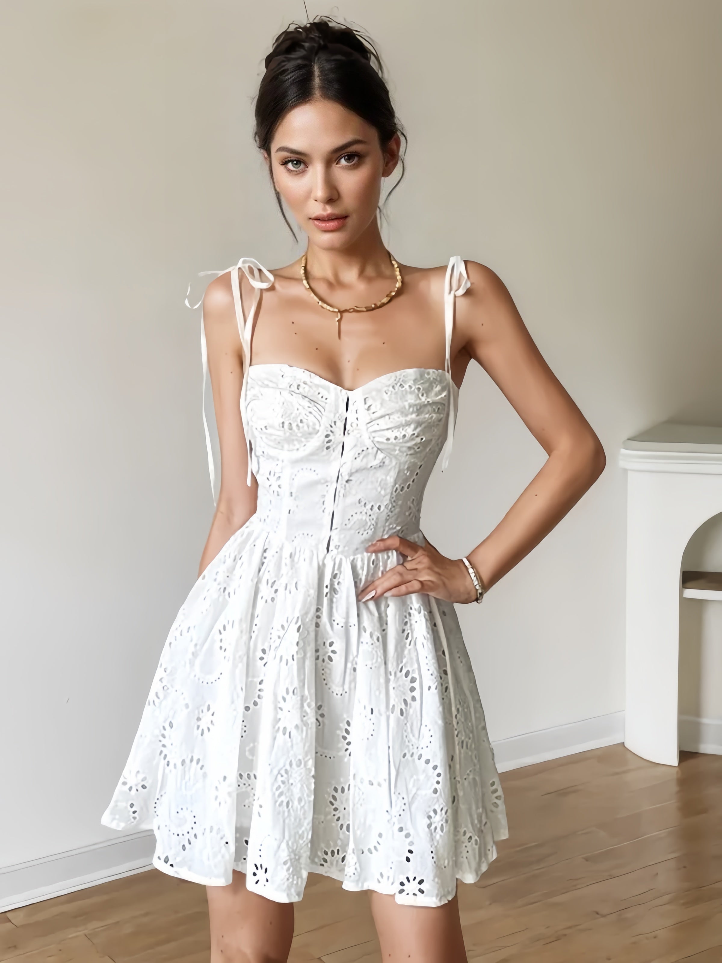 Bow Tie Shoulder Straps White Eyelet Mini Dress Fashionable Button-Front Mini Dress