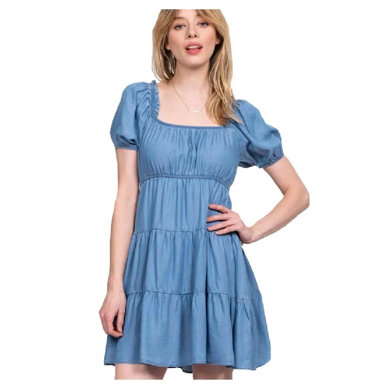 Women's Chambray Square Neck Mini Dress Classic Striped Mini Dress