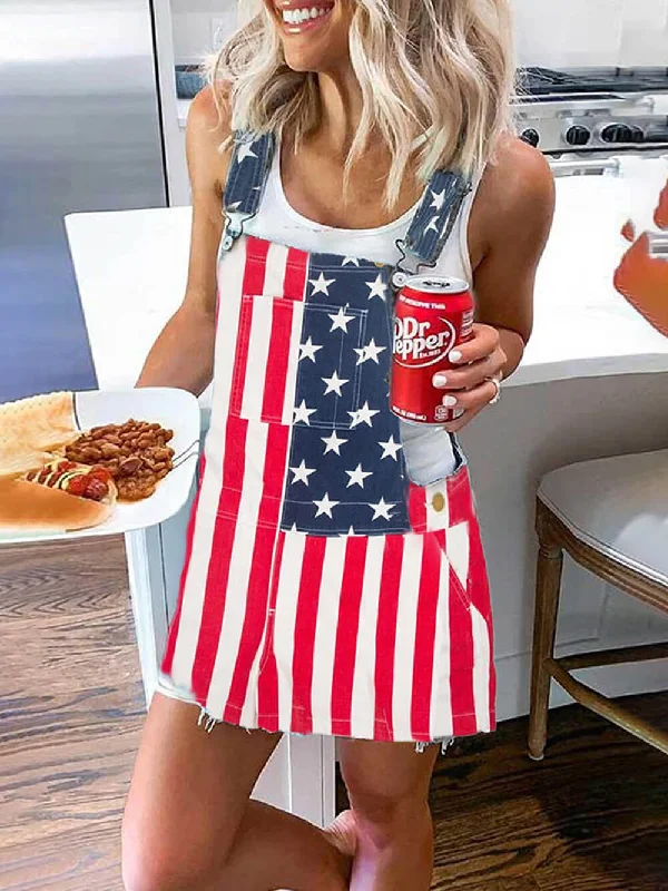 Independence Day Flag Print Graceful Pocket Strap Mini Dress Fashionable Lace Mini Dress