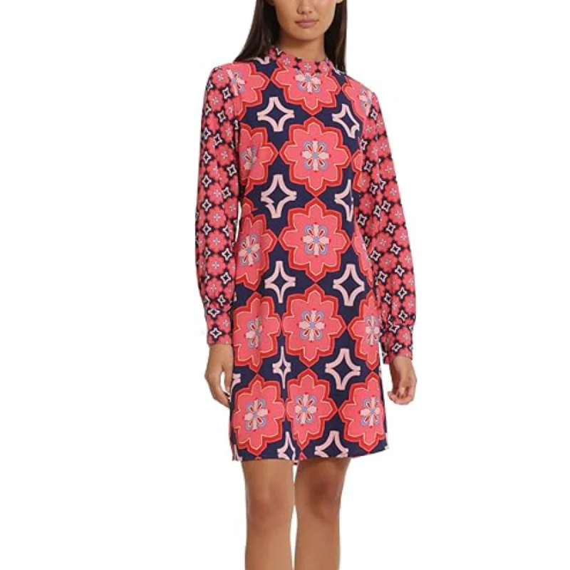 DONNA MORGAN Women's Mock Neck Long Sleeve Floral Print Shift Mini Dress Trendy Cut-Out Mini Dress