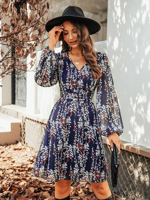 BerriesJam - Floral V-neck Long Peasant Sleeve Party A-line Mini Dress Chic Puff Sleeve Mini Dress