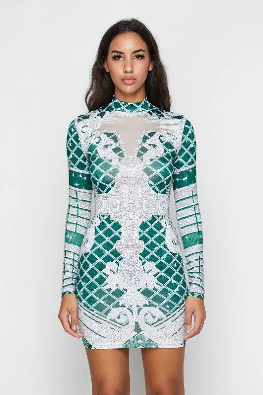 Green Print Long Sleeve Rhinestone Mini Dress Trendy Mini Dress with Belt