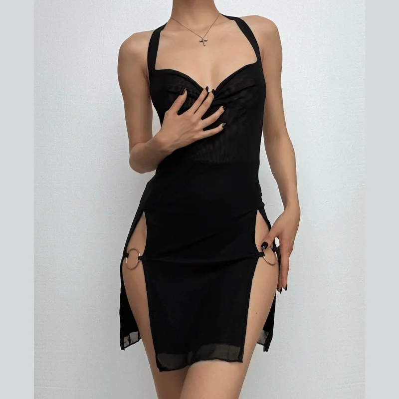 Halter o ring high slit ruffle mesh mini dress Trendy Mini Dress with Belt