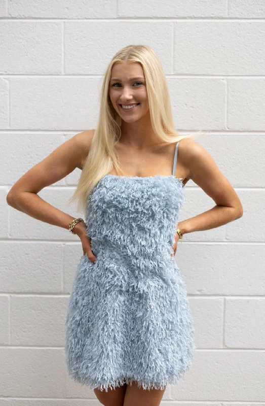 Ice Blue Fuzz Mini Dress Fashionable Button-Front Mini Dress