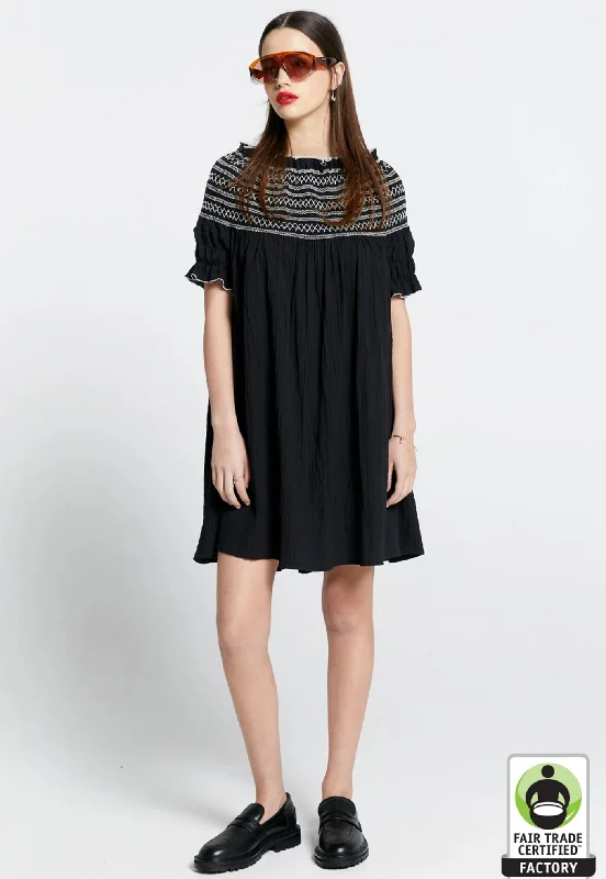 Gaia Smocked Mini Dress - Black/Off White Modern Satin Mini Dress