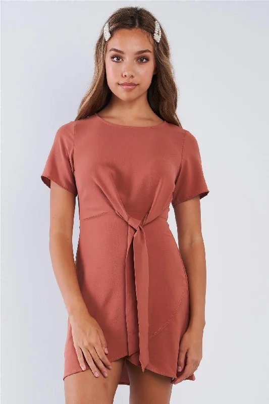 Short Sleeve Knotted Crew Neck Chic Mini Dress Fashionable Button-Front Mini Dress