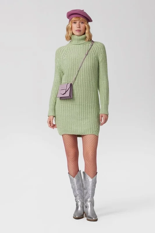 Turtle Neck Knit Jumper Mini Dress with Side Slits - Mint Comfortable Bodycon Mini Dress