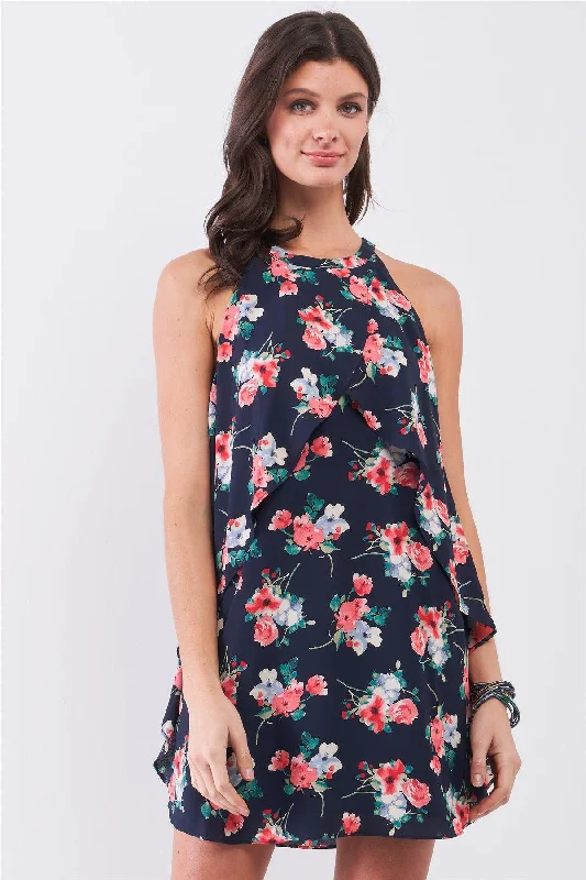 Navy Multi Floral Print Sleeveless High Neck Layered Front Detail Flounce Mini Dress Fashionable Denim Mini Dress