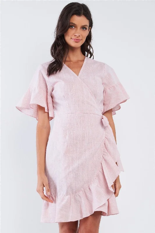 Pastel Pink Deep Plunge V-Neck Ruffle Hem Self-Tie Waist Wrap Mini Dress Trendy Off-Shoulder Dress Mini