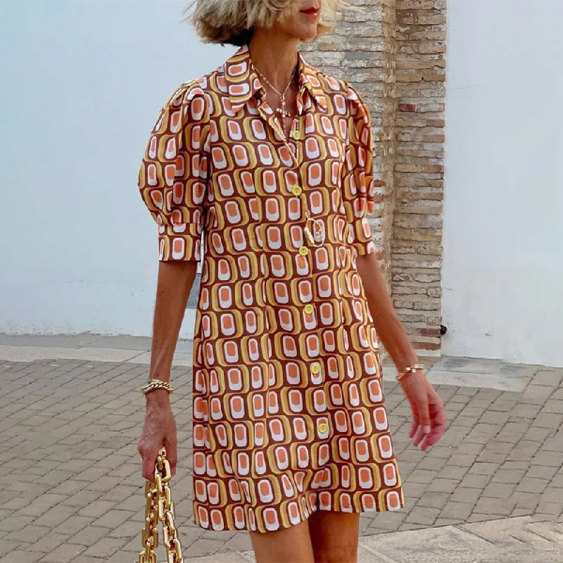 Retro Geometric Print Puffy Sleeve Mini Dress Cozy A-Line Mini Dress