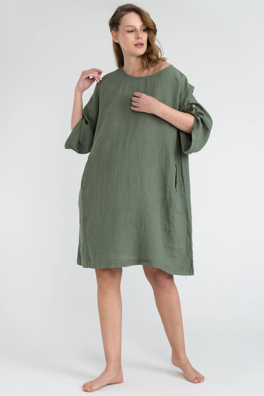 Linen Oversized Mini Dress Sage Green Elegant Mini Dress with Pleats