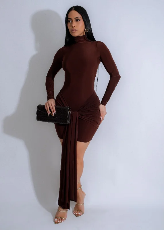 Serene Twist Mini Dress Brown Elegant Satin Lace Mini Dress