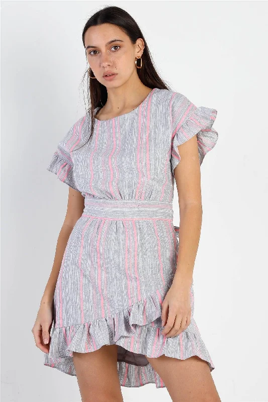 Striped Ruffle Sleeve Flare Hem Self Tie Mini Dress Fashionable Lace Mini Dress