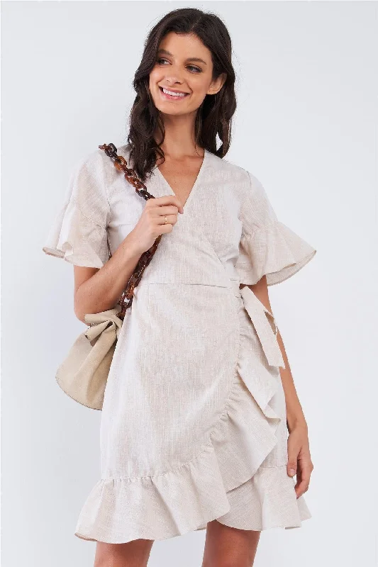 Tan Beige Deep Plunge V-Neck Ruffle Hem Self-Tie Waist Wrap Mini Dress Fashionable Mini Dress with Frills