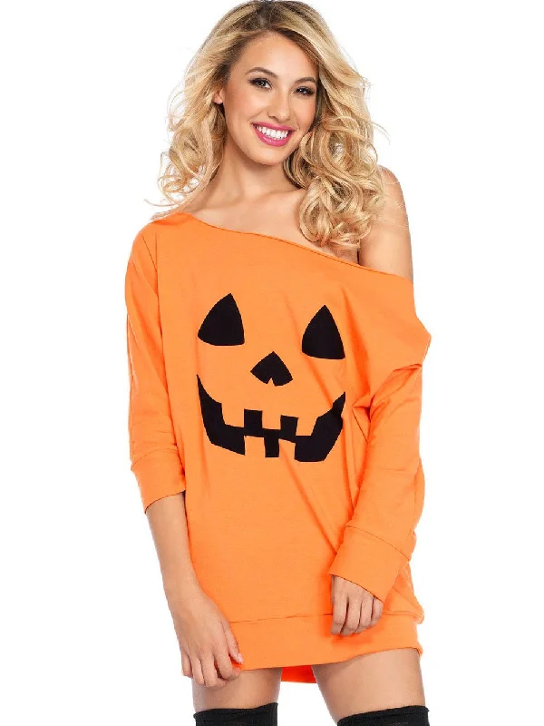 Trick Or Treat Pumpkin Print Cold Shoulder Mini Dress Trendy A-Line Mini Dress