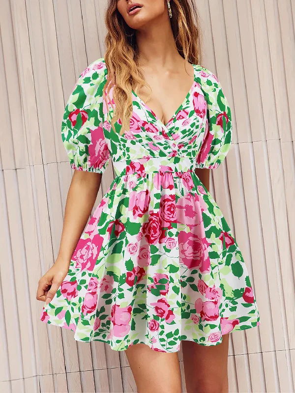 V Neck Flower Print Lantern Sleeve Mini Dress Comfortable Smocked Mini Dress