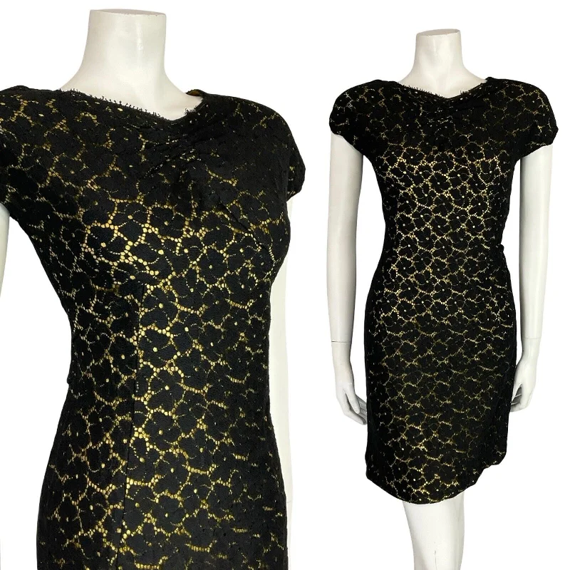 VTG 60S BLACK LACE GOLD V BOAT NECK SHORT SLEEVE PARTY SHIFT LBD  MINI DRESS 8 Trendy Button-Detail Mini Dress