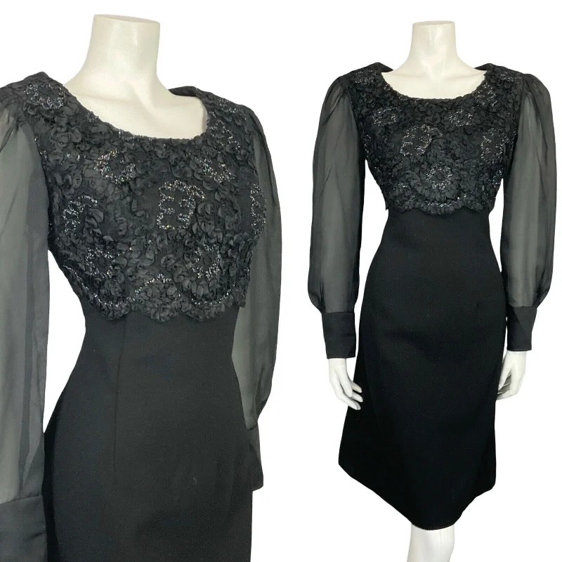 VTG 60S BLACK WOOL MESH BISHOP SLEEVE EMPIRE RIBBON LACE PARTY MINI DRESS 10 12 Fashionable A-Line Mini Dress