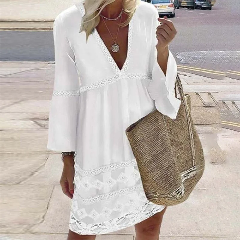 Fresh White Long Sleeve V-Neck Eyelet Mini Dress Casual Mini Dress with Pockets