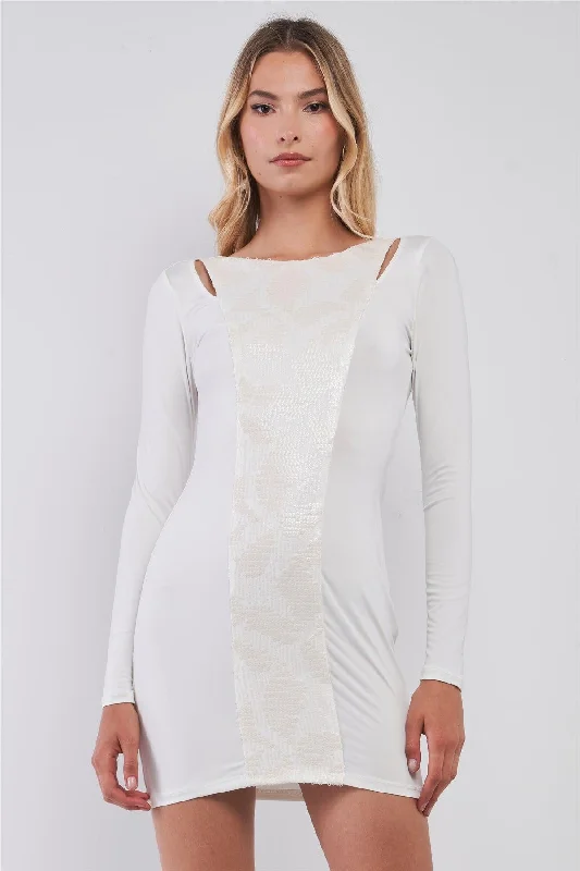 White Sequined Center Front Detail Long Sleeve Mini Dress /2-2-2 Fashionable Lace-Trim Mini Dress