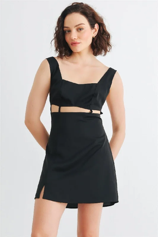 Black Sleeveless Cut-Out Detail Square Neck Back Criss-Cross Mini Dress /1-2-2-1 Stylish Short Sleeve Mini Dress