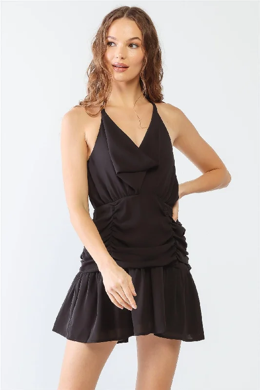 Black Cowl Neck Ruched Strappy Layered Mini Dress /1-2-2-1 Elegant Silk Mini Dress