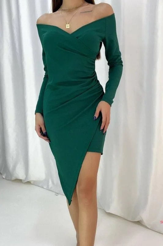 Asymmetric Cut Skirt Off-Shoulder Mini Dress - Green Elegant Off-Shoulder Dress Mini