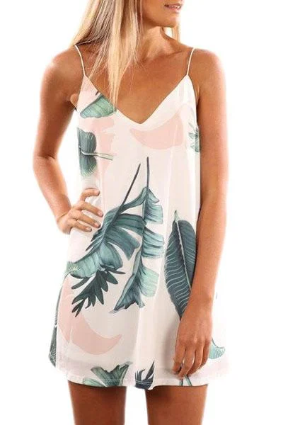 women Leaf Print Mini Dress Chic Sleeveless Mini Dress