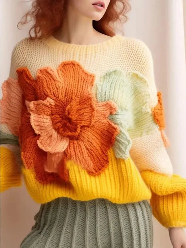 Ashore 3D Flower 4XL Oversized Knitted Sweaters Women Elegant Long Sleeve Loose Pullover Female Vintage Women Clothing High Neck Crew Neck V-Neck