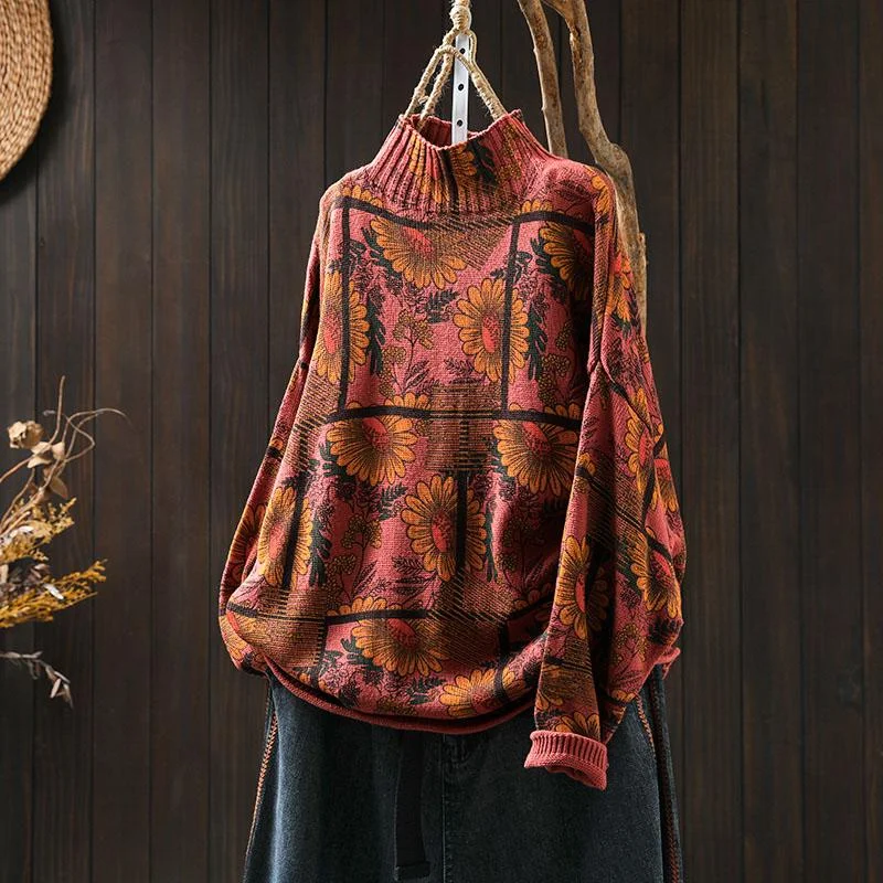 Babakud Women Autumn Sunflower Printed Mock Neck Cotton Sweater Soft Cozy Warm