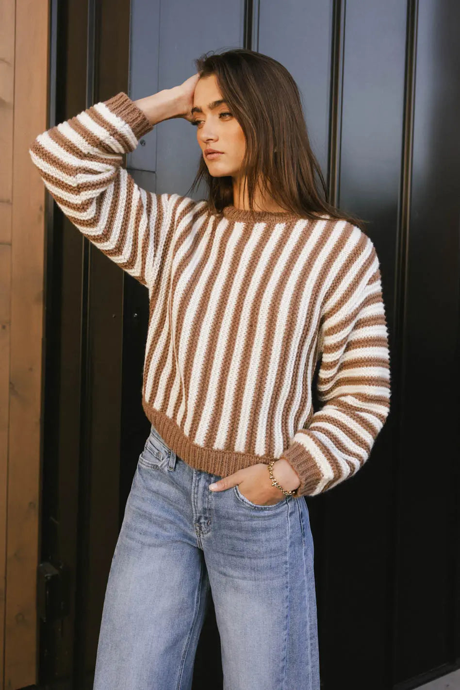 Baila Striped Sweater in Mocha Oversized Loose Flowy