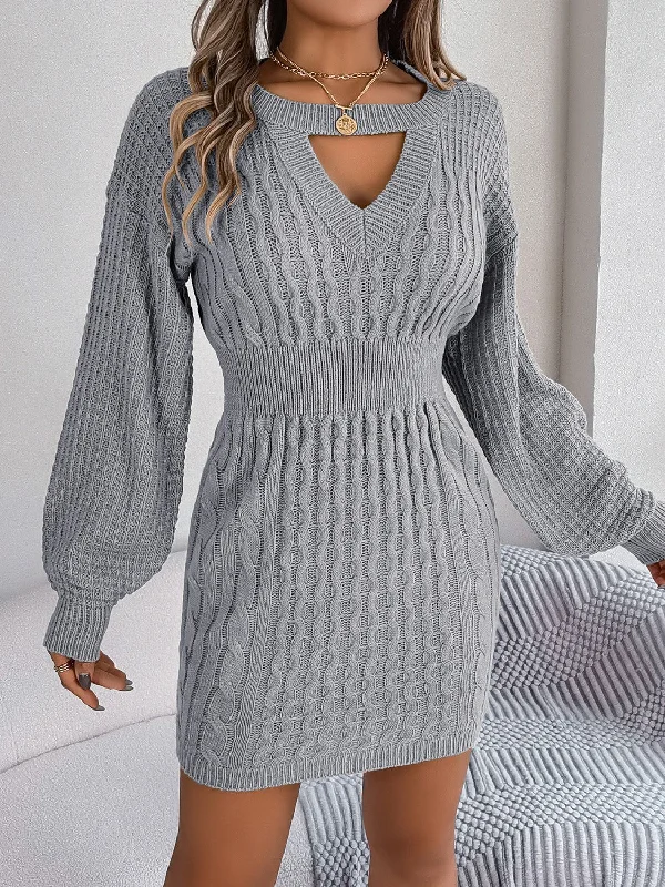 Cable-Knit Cutout Round Neck Slit Sweater Dress Fitted Slim Tailored