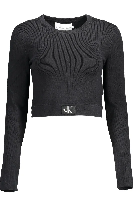 Calvin Klein Black Lyocell Women Sweater Ribbed Striped Patterned