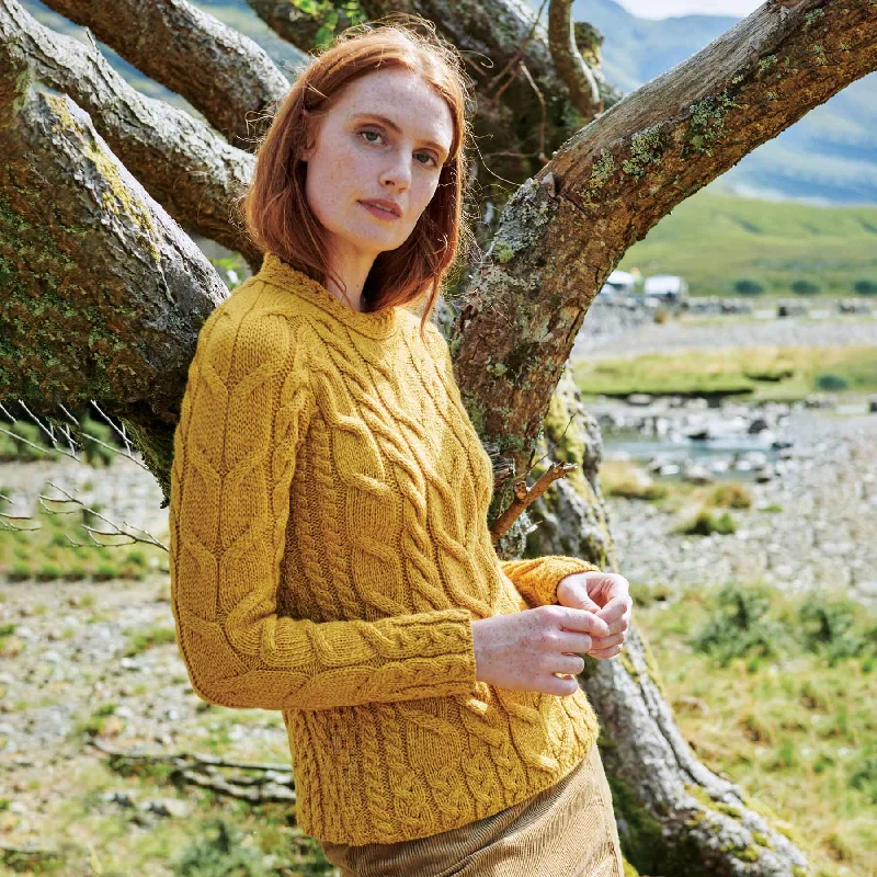 Aran Cable Knit Sweater- Mustard Yellow Turtle Neck Boat Neck Asymmetrical Neck