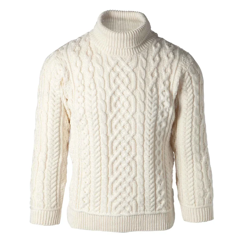 Turtleneck Aran Knit Sweater- Cream Embroidered Appliqued Beaded