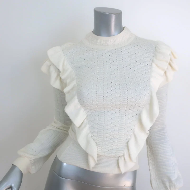 Chloe Ruffle Sweater Vanilla Wool Pointelle Knit Size Small Tailored Straight A-Line