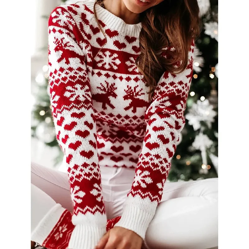 Christmas Sweater Long Sleeve Print Pullover Knitted Casual Mesh Blend Leather Blend Suede Blend